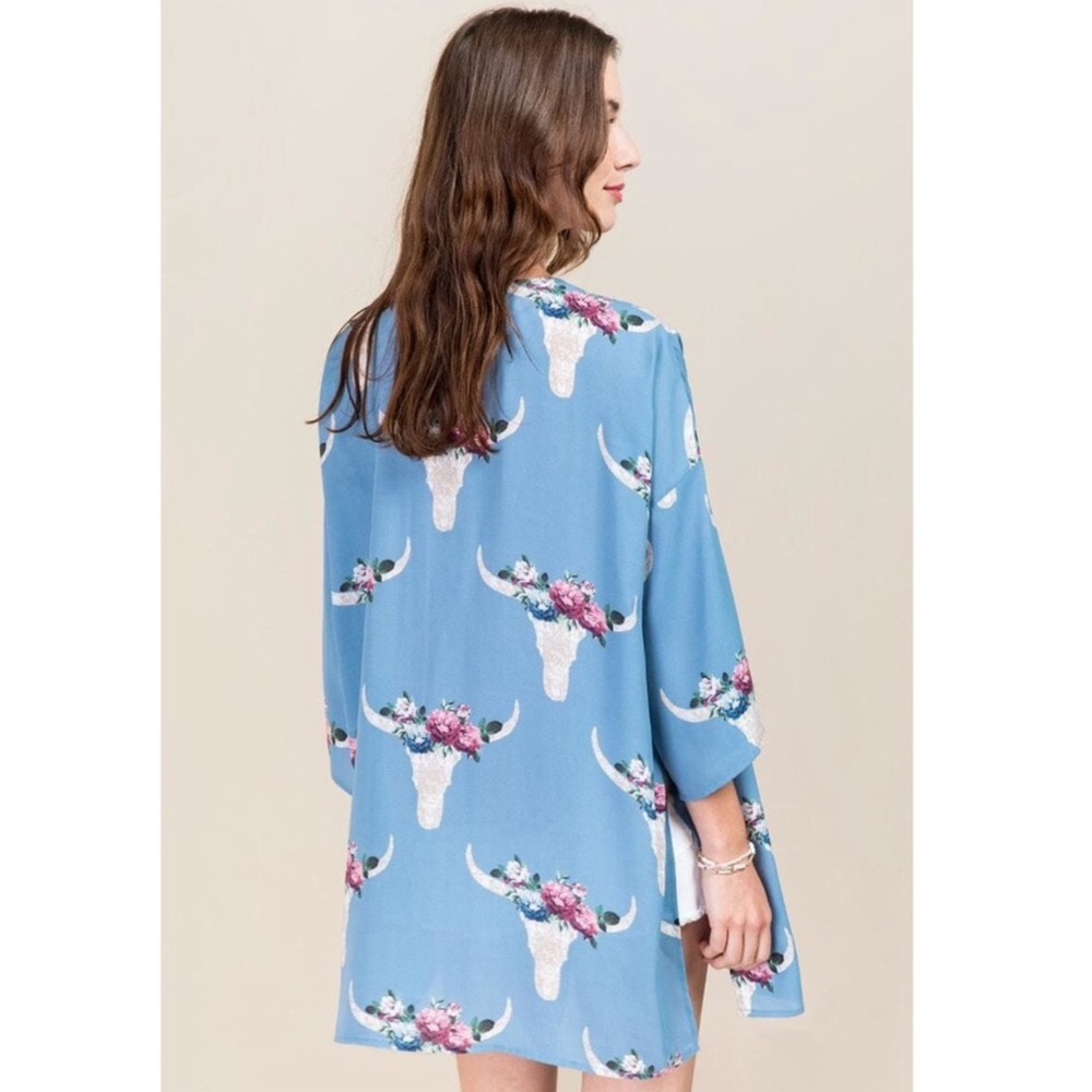 Blue Rain Boho Bull Skull Floral Kimono Top